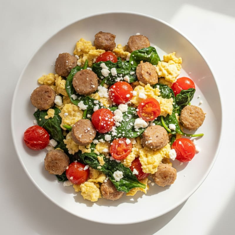 Egg White and Turkey Sausage Scramble with Spinach and Cherry Tomatoes