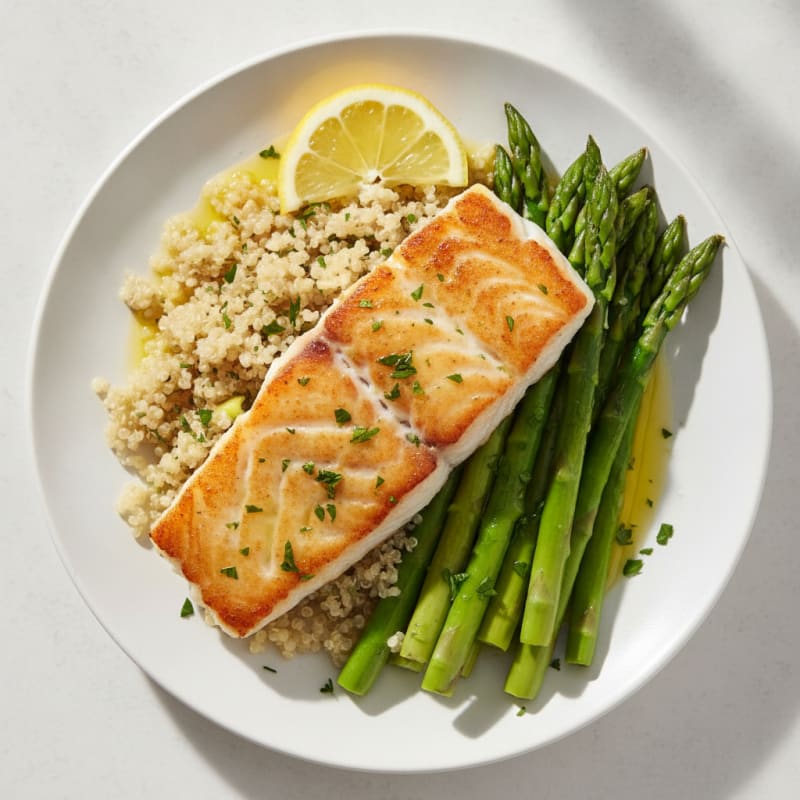 Seared Cod with Steamed Asparagus and Quinoa