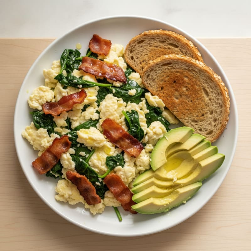 Crispy Turkey Bacon Egg White Scramble with Sautéed Spinach