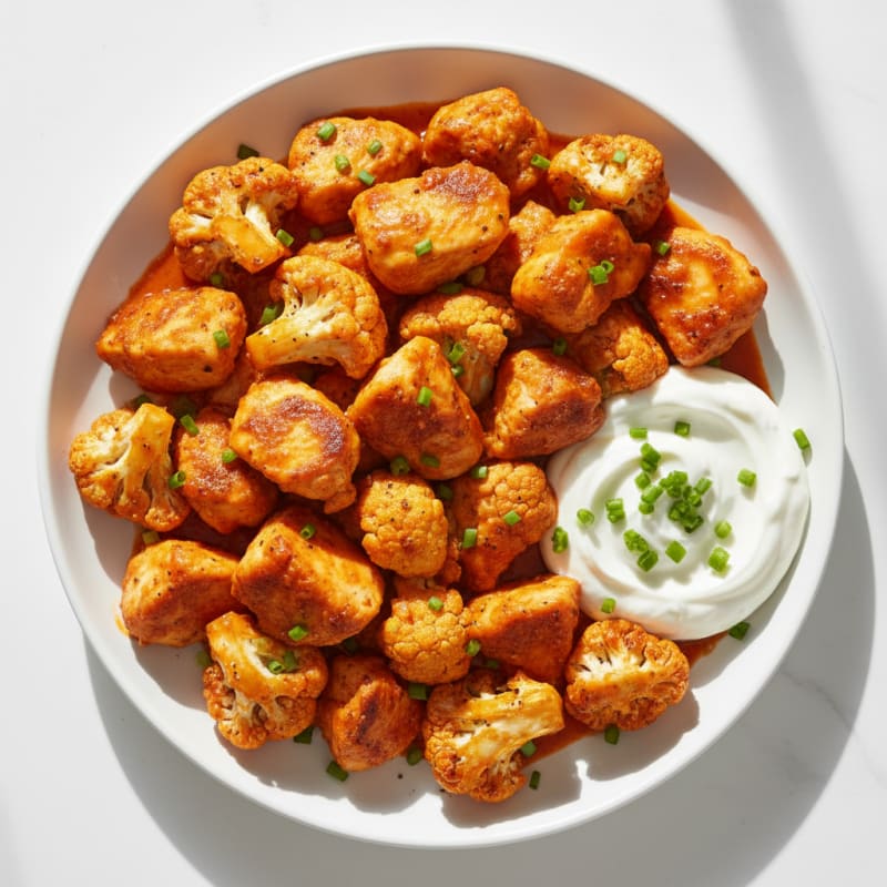Crispy Buffalo Roasted Cauliflower and Chicken Bites
