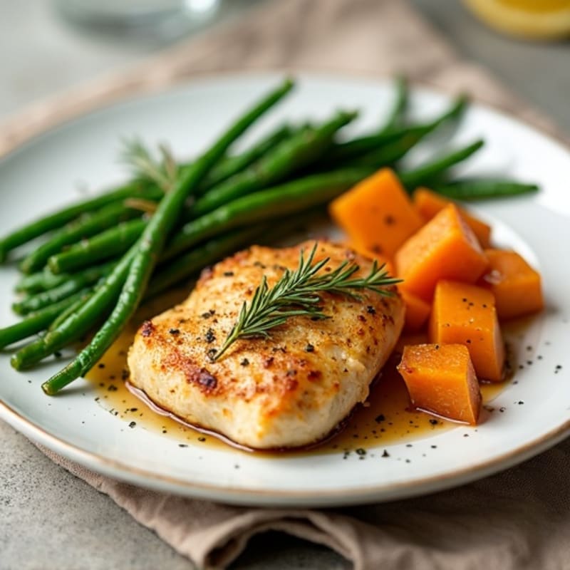 Crispy Lemon Herb Chicken with Roasted Sweet Potatoes and Green Beans