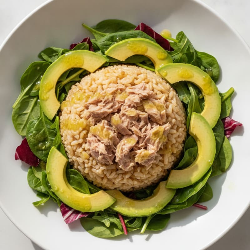 Tuna Rice Bowl with Sliced Avocado and Mixed Greens