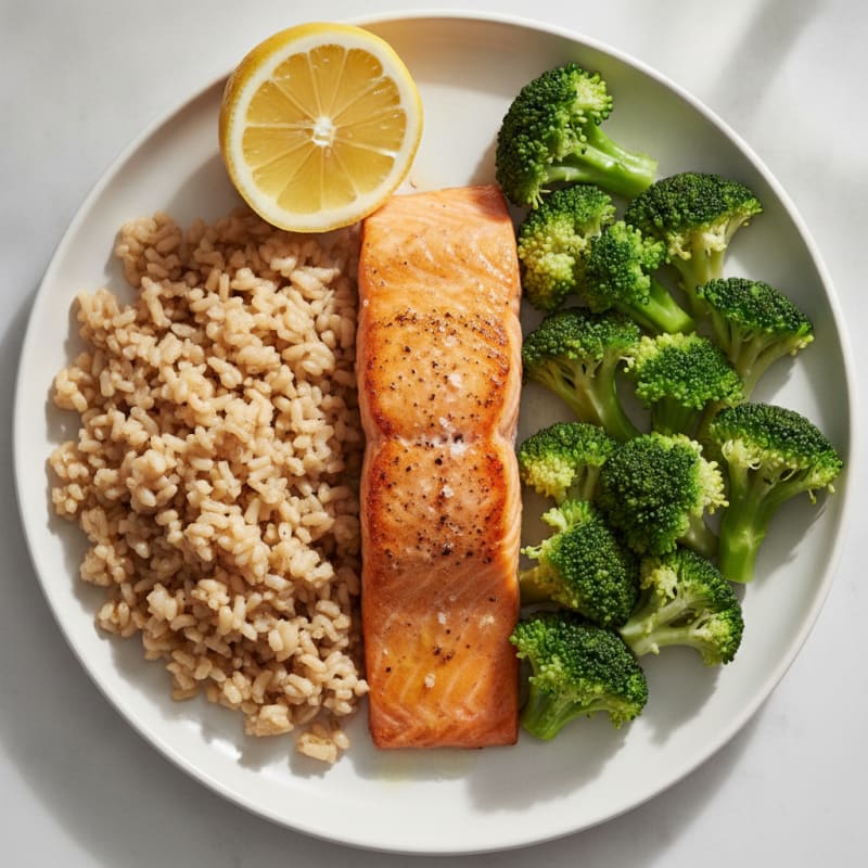 Seared Salmon with Steamed Broccoli and Brown Rice