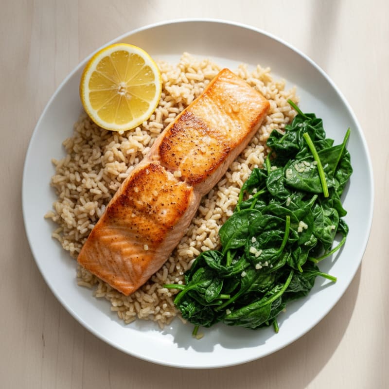 Pan-Seared Salmon with Garlic Sautéed Spinach and Brown Rice