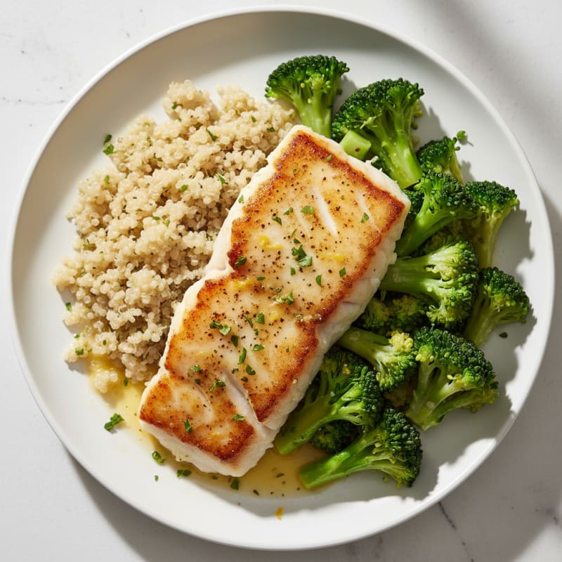Seared Cod with Steamed Broccoli and Quinoa