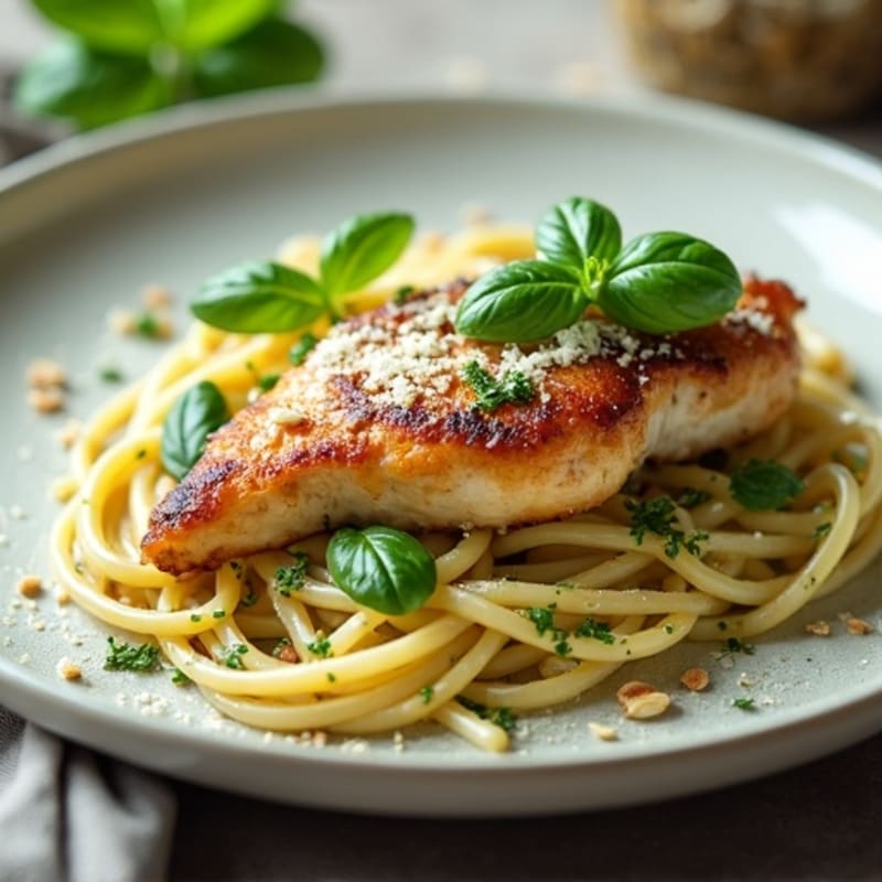 Pan-Seared Chicken with Creamy Basil Pesto Pasta