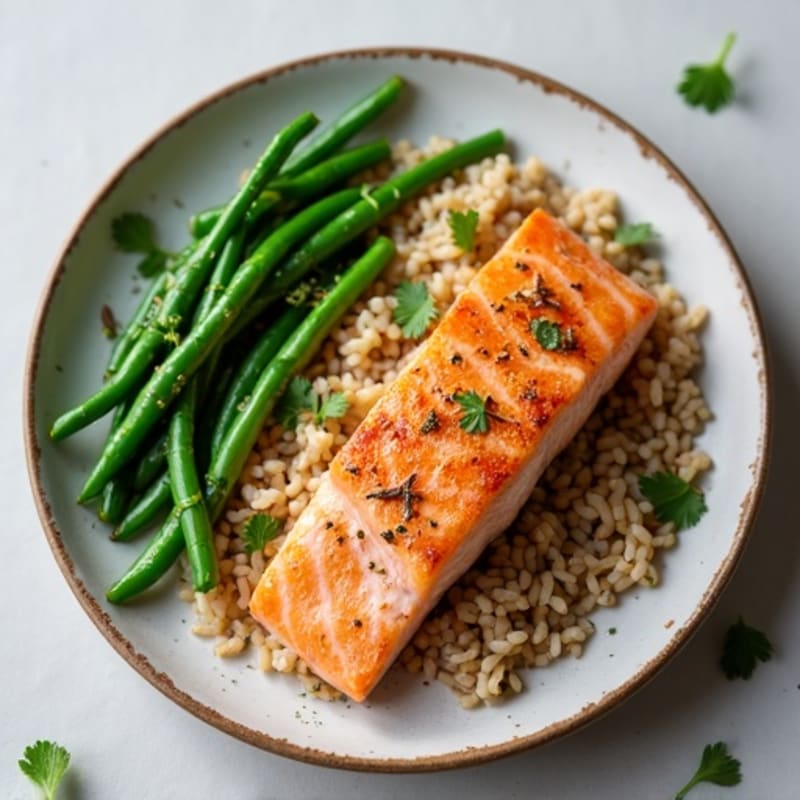Seared Salmon Fillet with Garlic Green Beans and Brown Rice