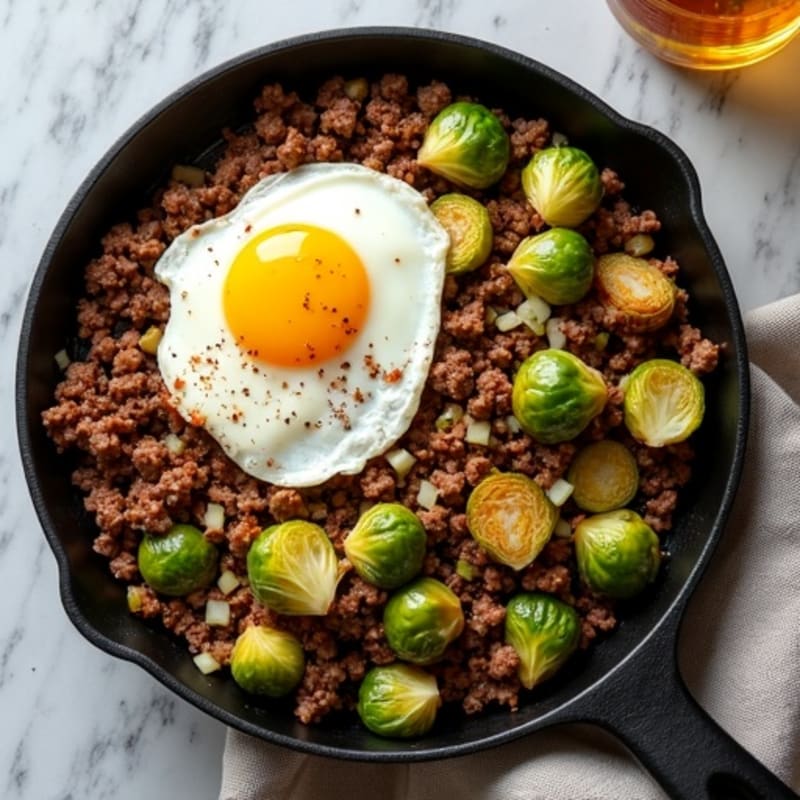 Lean Ground Beef and Crispy Brussels Sprouts Skillet