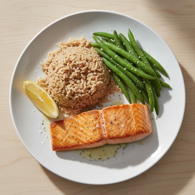 Seared Salmon Fillet with Steamed Green Beans and Brown Rice