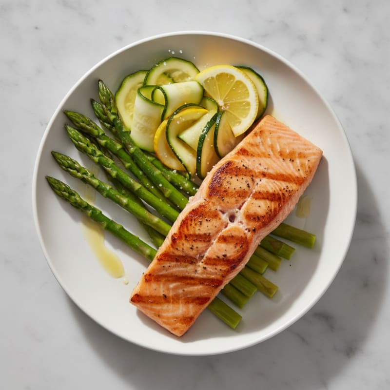 Grilled Salmon Fillet with Steamed Asparagus and Zucchini