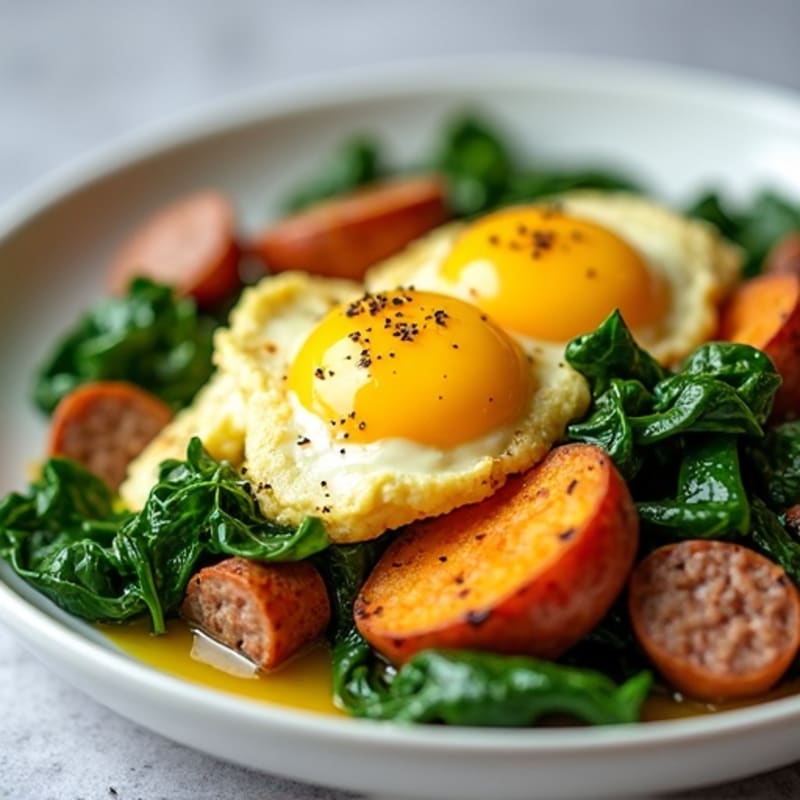 Egg White and Turkey Sausage Scramble with Spinach and Roasted Sweet Potatoes