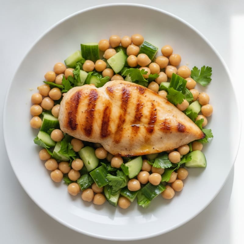 Grilled Chicken Breast with Crunchy Chickpea and Cucumber Salad