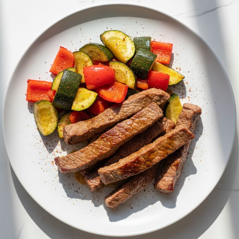 Seared Lean Beef Strips with Roasted Zucchini and Red Peppers
