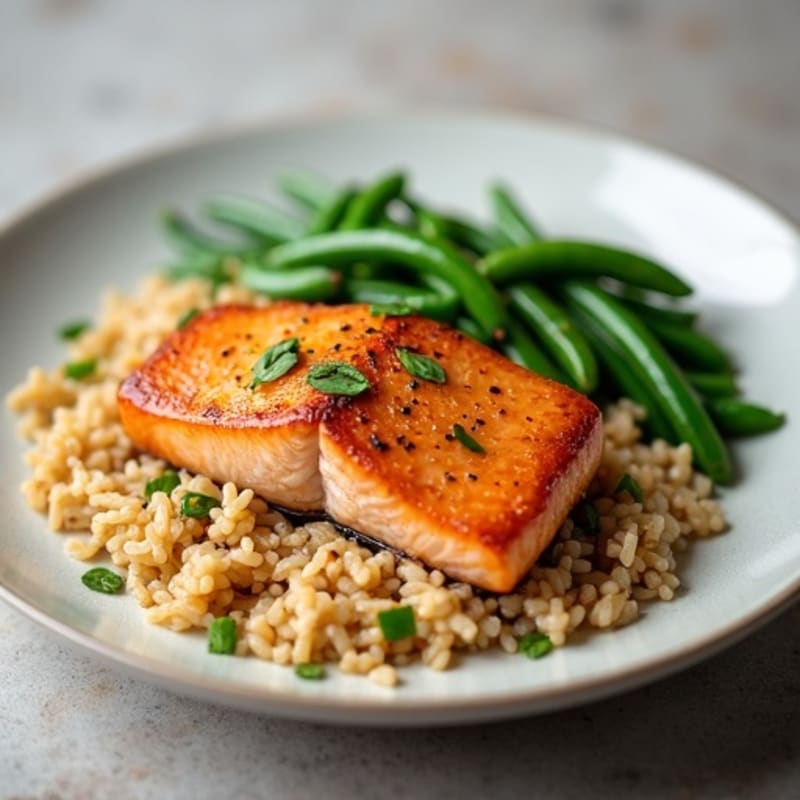 Seared Salmon with Garlic Green Beans and Brown Rice