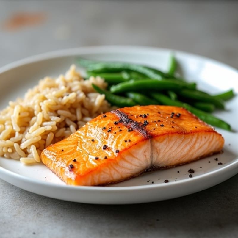 Seared Salmon Fillet with Garlic Green Beans and Brown Rice