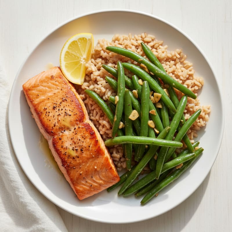 Seared Salmon with Garlic Green Beans and Brown Rice