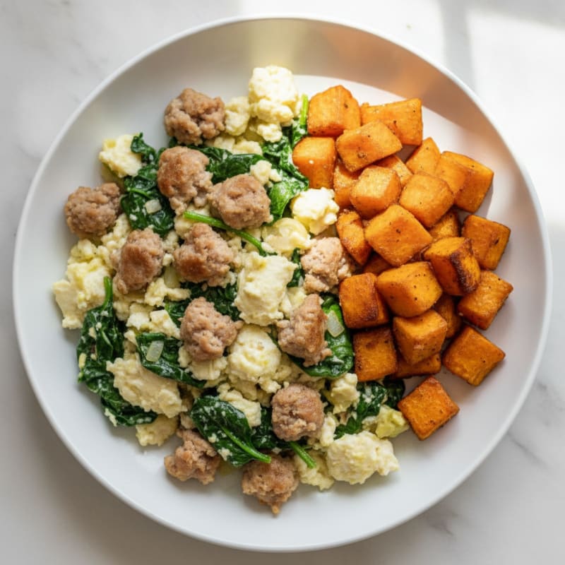 Egg White and Turkey Sausage Scramble with Spinach and Roasted Sweet Potato