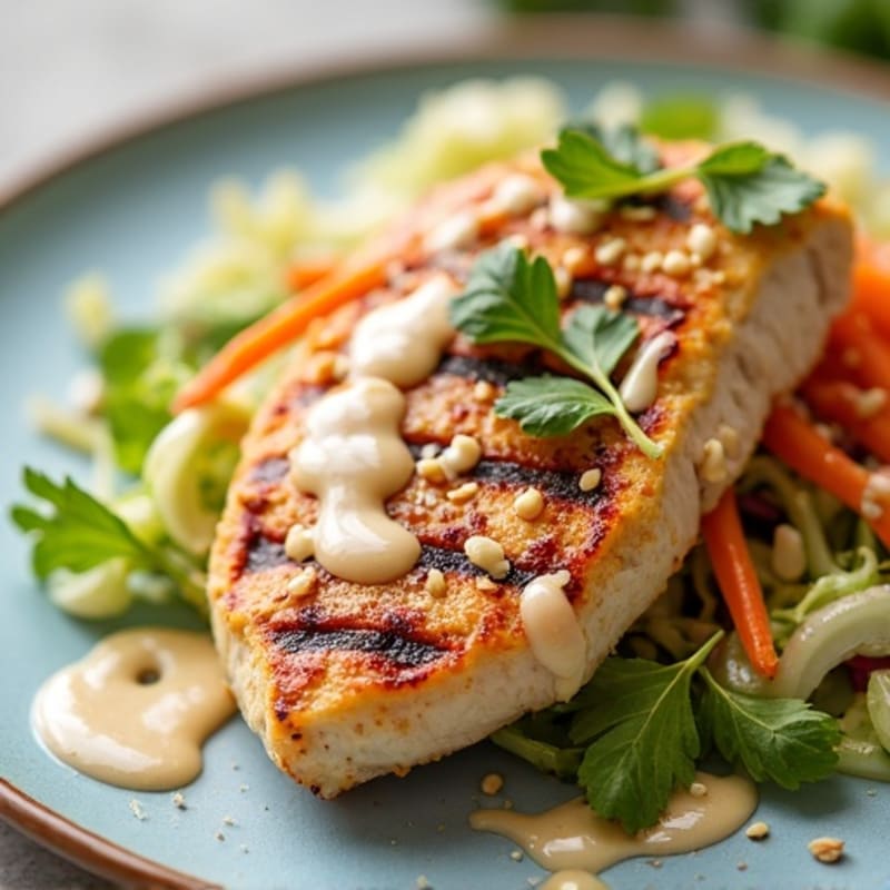 Grilled Chicken Breast with Crunchy Cabbage Slaw and Lemon Tahini Dressing