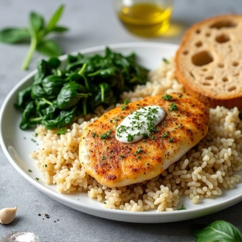 Oven-Baked Chicken Breast with Herbed Rice, Steamed Greens & Yogurt Herb Sauce