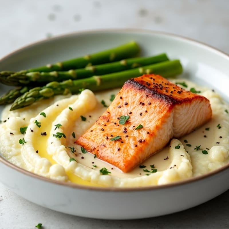 Seared Salmon with Steamed Asparagus and Garlic Cauliflower Mash