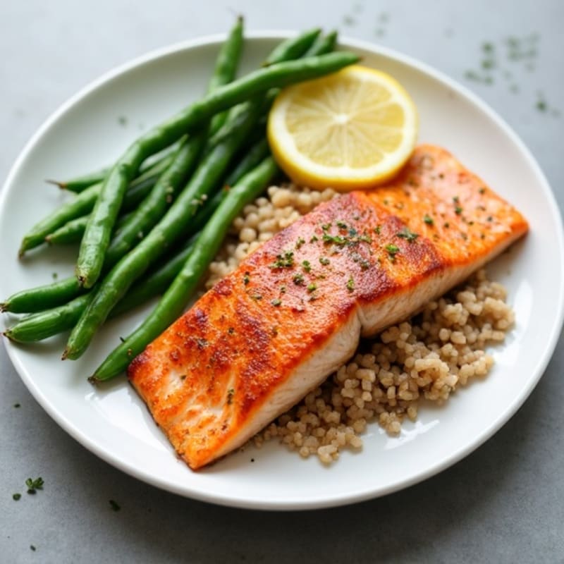Seared Salmon with Steamed Green Beans and Brown Rice