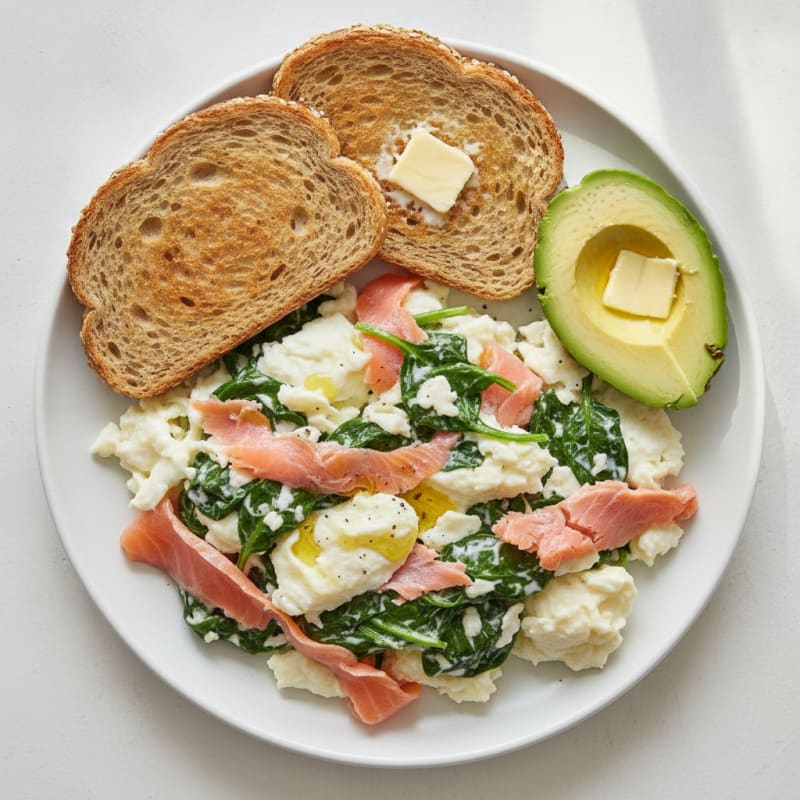 Smoked Salmon and Egg White Scramble with Sautéed Spinach