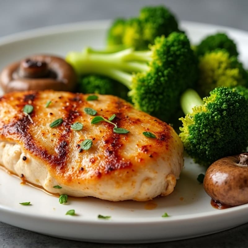 Pan-Seared Chicken with Roasted Garlic Butter Mushrooms and Steamed Broccoli