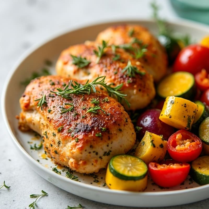 Herb-Crusted Sheet Pan Chicken with Roasted Rainbow Vegetables