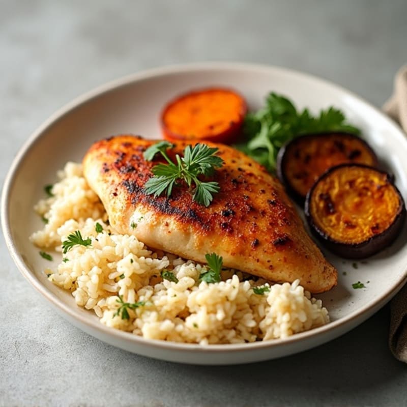 Pan-Seared Chicken Breast with Fluffy Rice and Roasted Eggplant and Carrots
