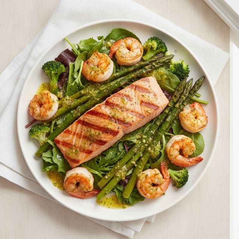 Grilled Salmon and Shrimp Salad with Charred Asparagus