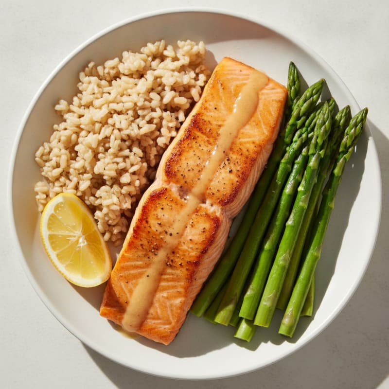 Seared Salmon with Steamed Asparagus and Brown Rice