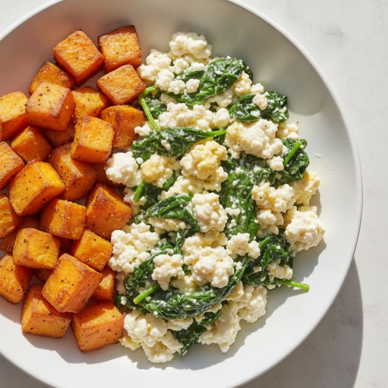 Cottage Cheese Scramble with Spinach and Roasted Sweet Potatoes