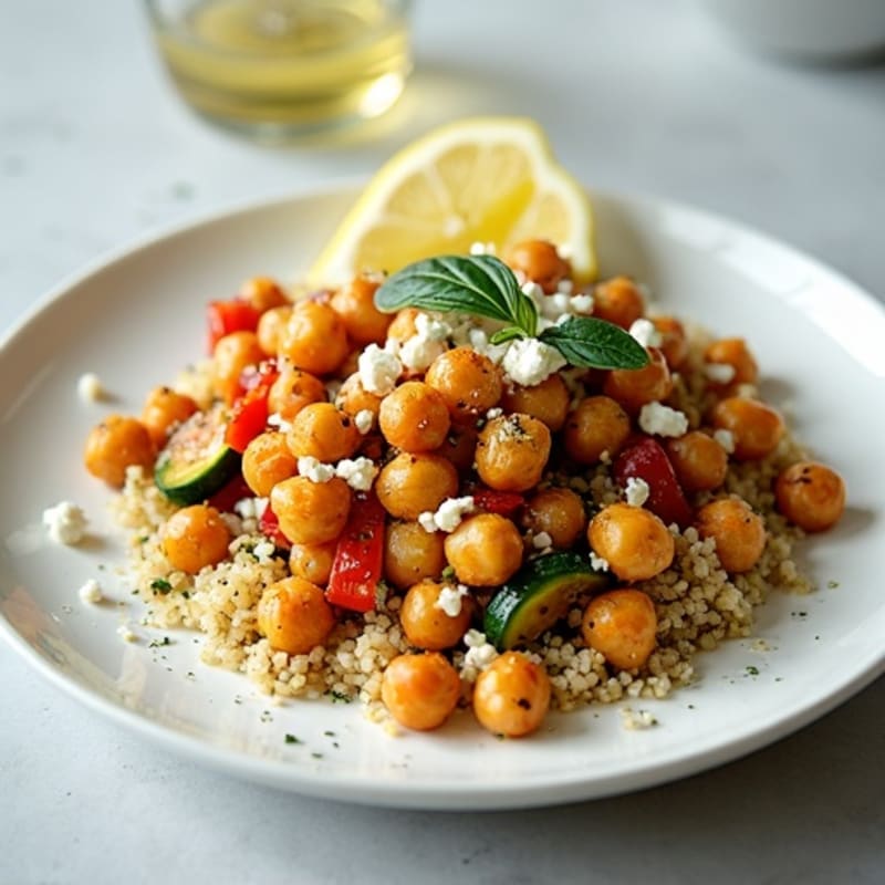 Crispy Lemon-Herb Chickpeas with Roasted Vegetables and Creamy Feta Dressing