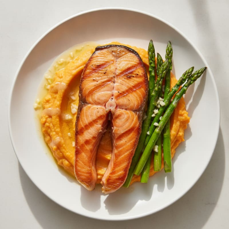 Seared Salmon Fillet with Roasted Asparagus and Sweet Potato Mash