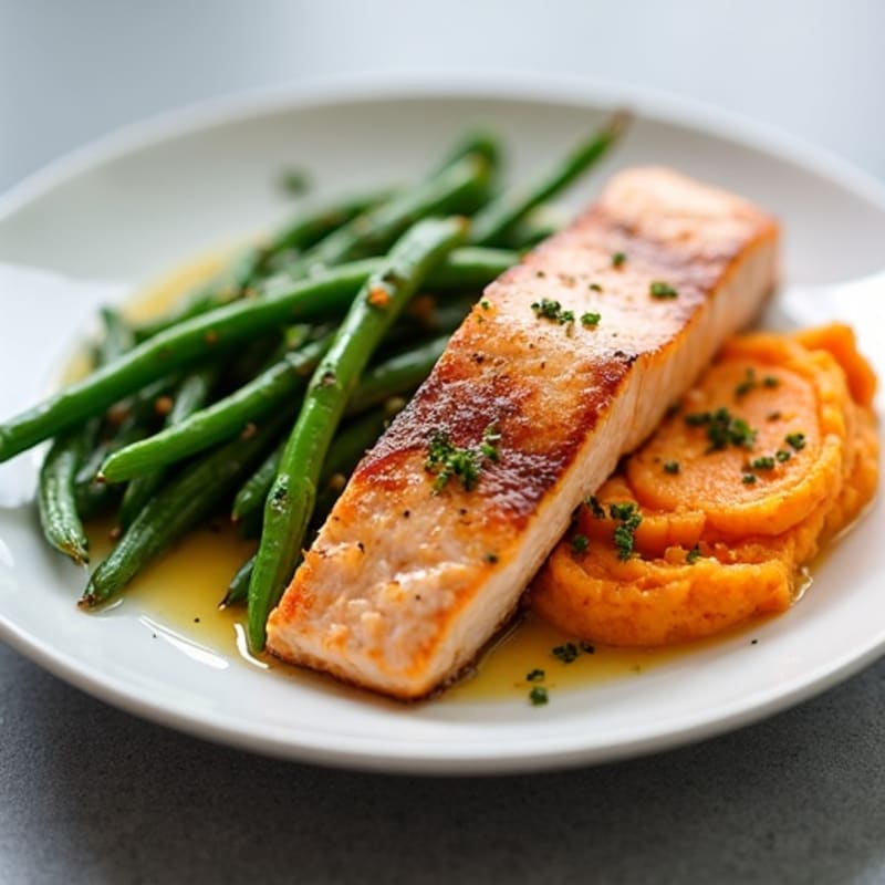 Seared Salmon with Garlic Green Beans and Sweet Potato Mash