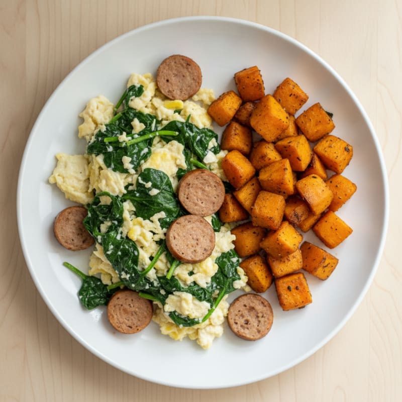 Egg White and Spinach Scramble with Turkey Sausage and Roasted Sweet Potatoes