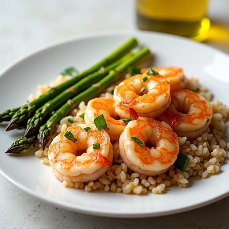Seared Garlic Shrimp with Brown Rice and Steamed Asparagus