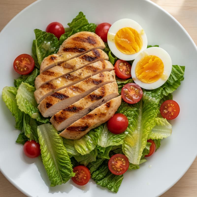 Grilled Chicken Breast Salad with Crunchy Romaine and Cherry Tomatoes
