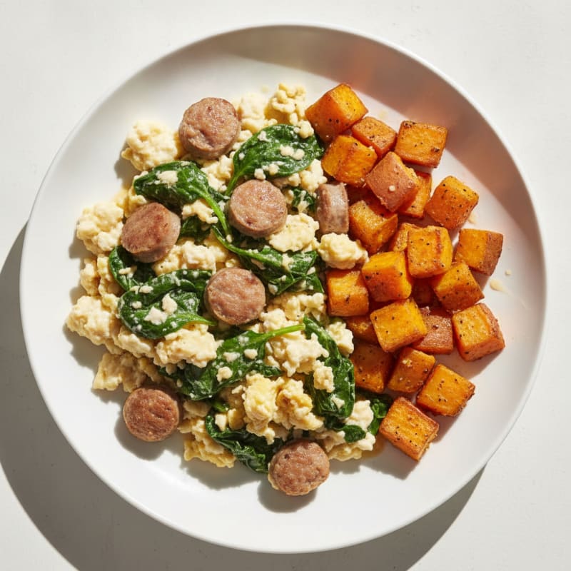 Egg White and Turkey Sausage Scramble with Spinach and Roasted Sweet Potatoes