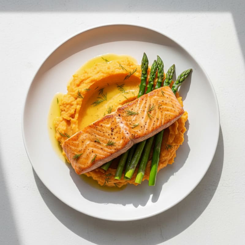 Seared Salmon with Herb Sweet Potato Mash and Steamed Asparagus