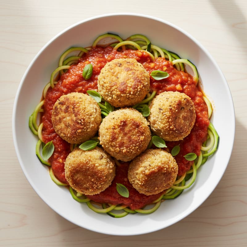 Crispy Chicken Meatballs with Zucchini Noodles and Tomato Sauce