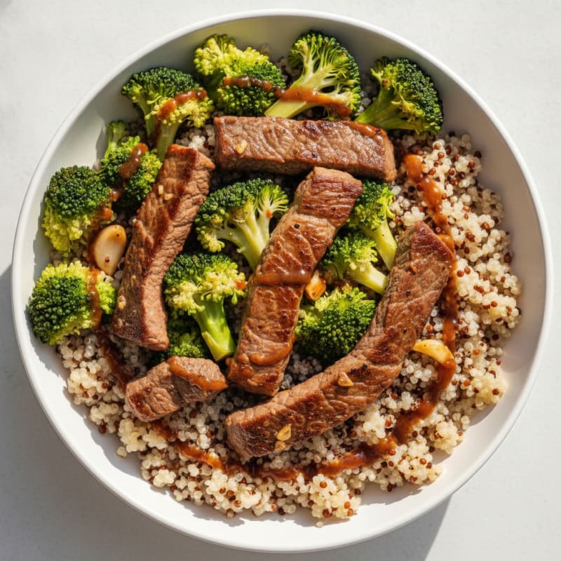 Seared Beef Strips with Steamed Broccoli and Quinoa