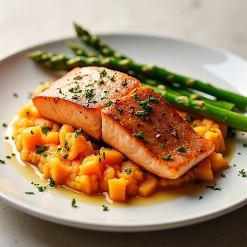 Seared Salmon with Steamed Asparagus and Sweet Potato Mash