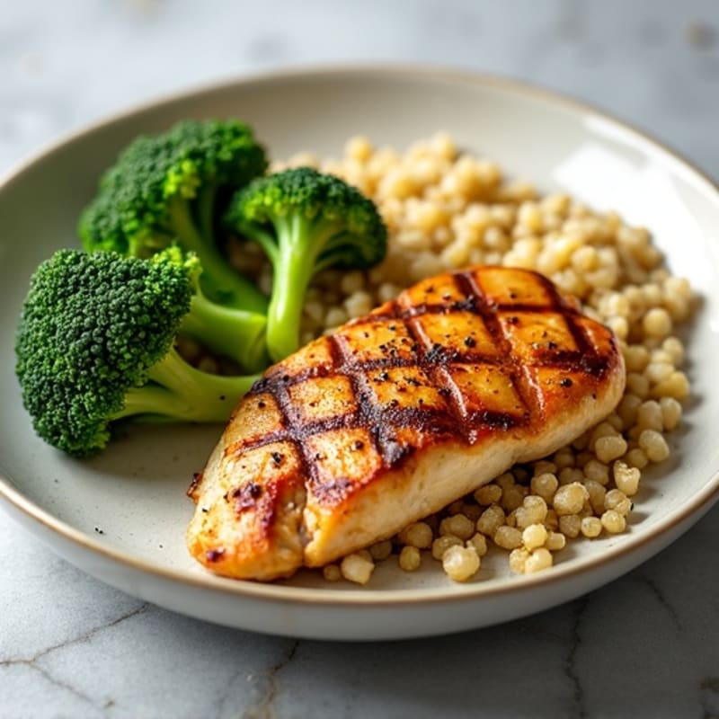Grilled Chicken Breast with Steamed Broccoli and Quinoa
