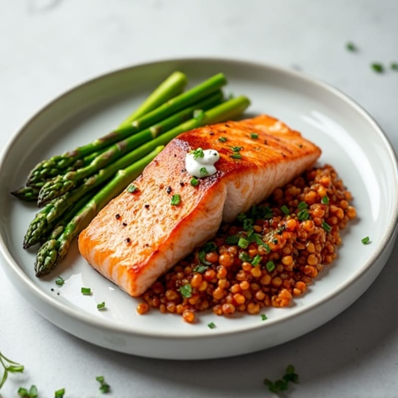 Seared Salmon Fillet with Steamed Asparagus and Red Lentil Mash