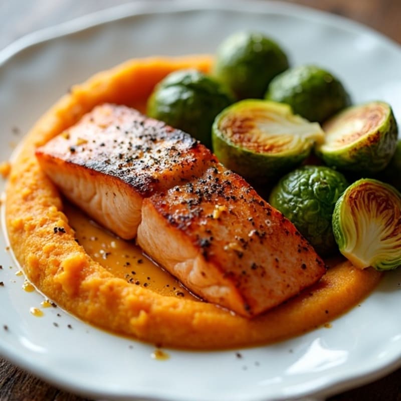 Seared Salmon with Roasted Brussels Sprouts and Sweet Potato Mash