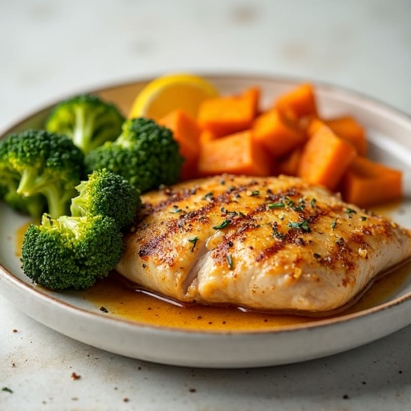Crispy Lemon Garlic Chicken with Roasted Broccoli and Sweet Potato