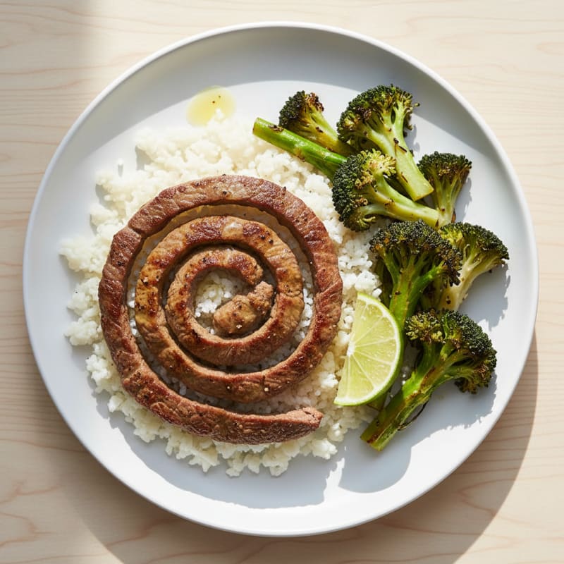 Seared Lean Beef Strips with Roasted Broccoli and Cauliflower Rice