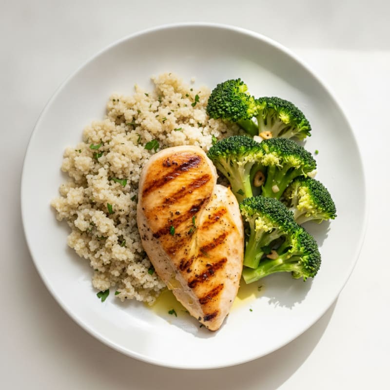 Grilled Chicken Breast with Steamed Broccoli and Quinoa