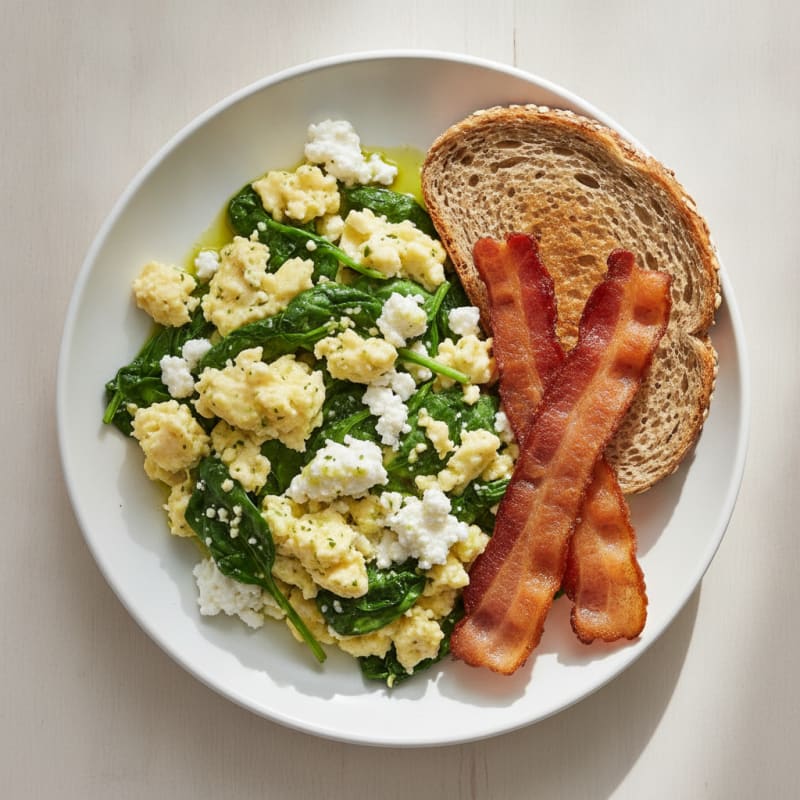 Cottage Cheese Scramble with Spinach and Turkey Bacon